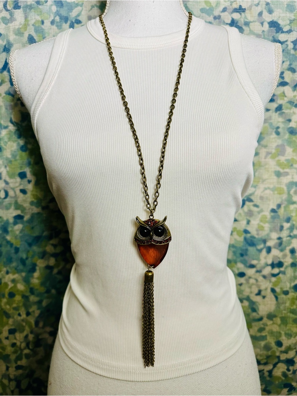 NWT Vintage Style Owl Pendant Tassel Necklace Rhinestone Bronze 30”